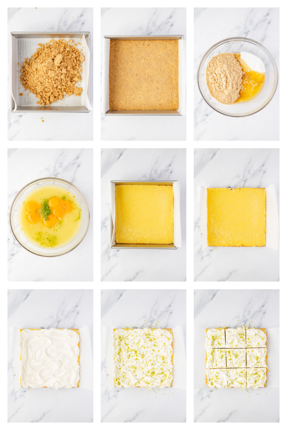 Step-by-step process for making lime custard bars from crust to whipped cream topping and slicing