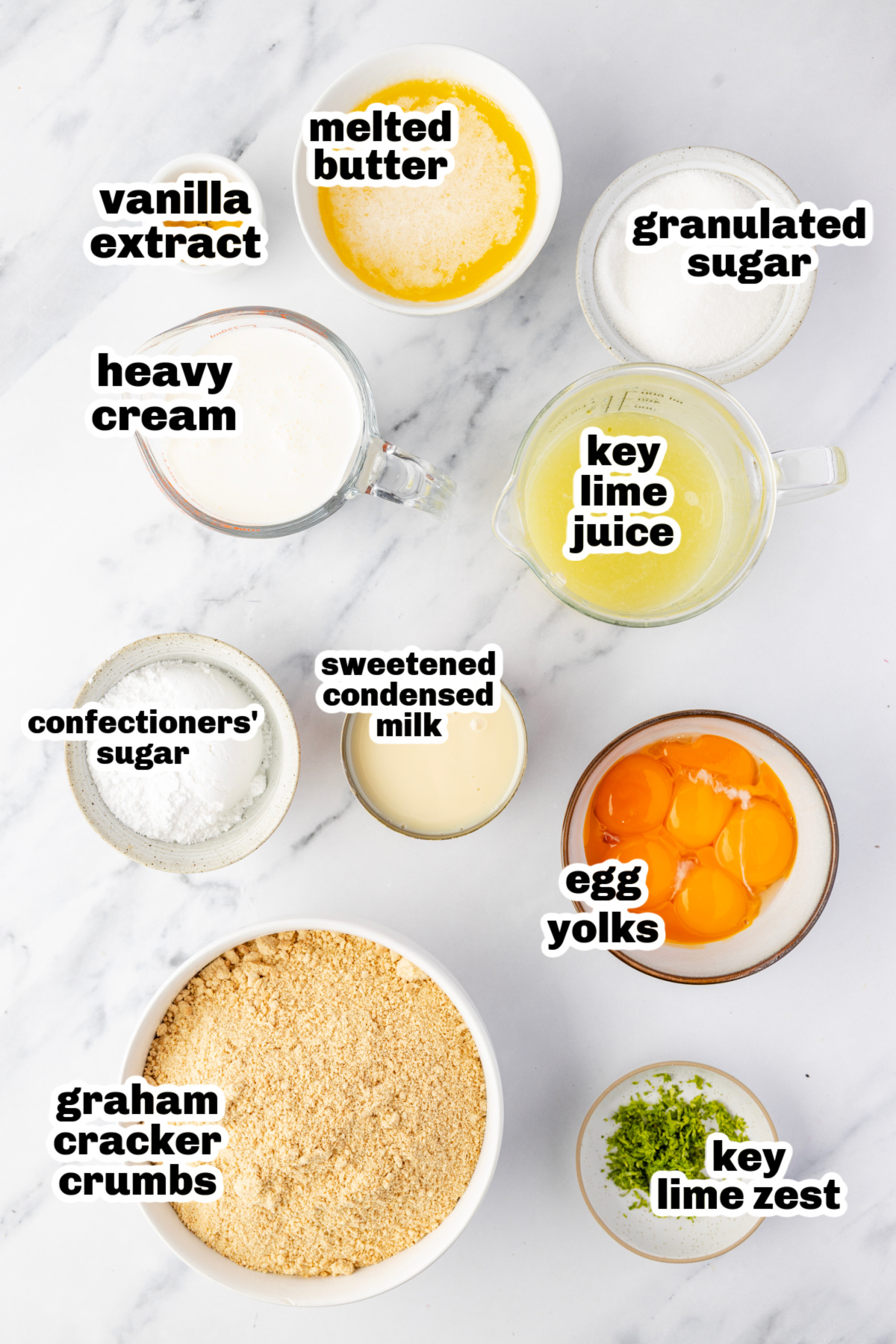Ingredients for lime custard bars including sweetened condensed milk, egg yolks, graham cracker crumbs, and key lime juice