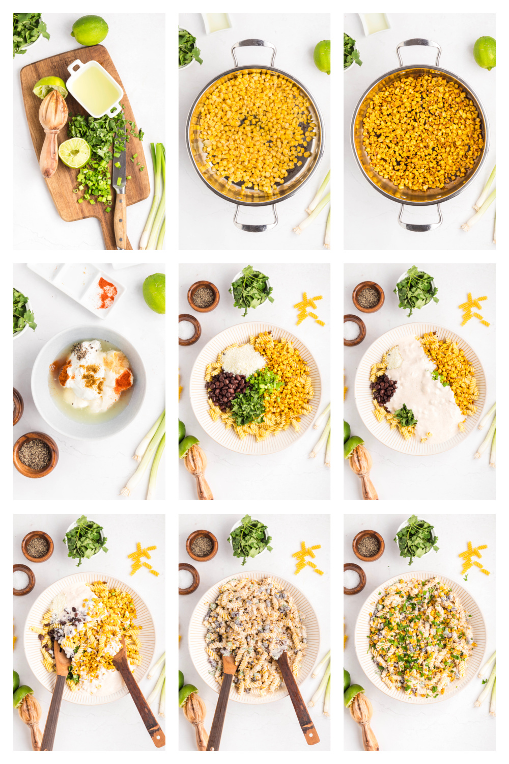 Step-by-step process showing how to make street corn pasta salad from ingredients to finished dish