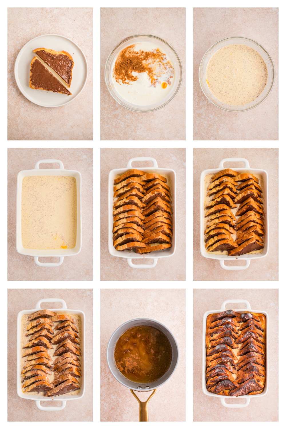 Step-by-step process showing how to make Nutella French Toast Bake from spreading brioche to layering custard and baking