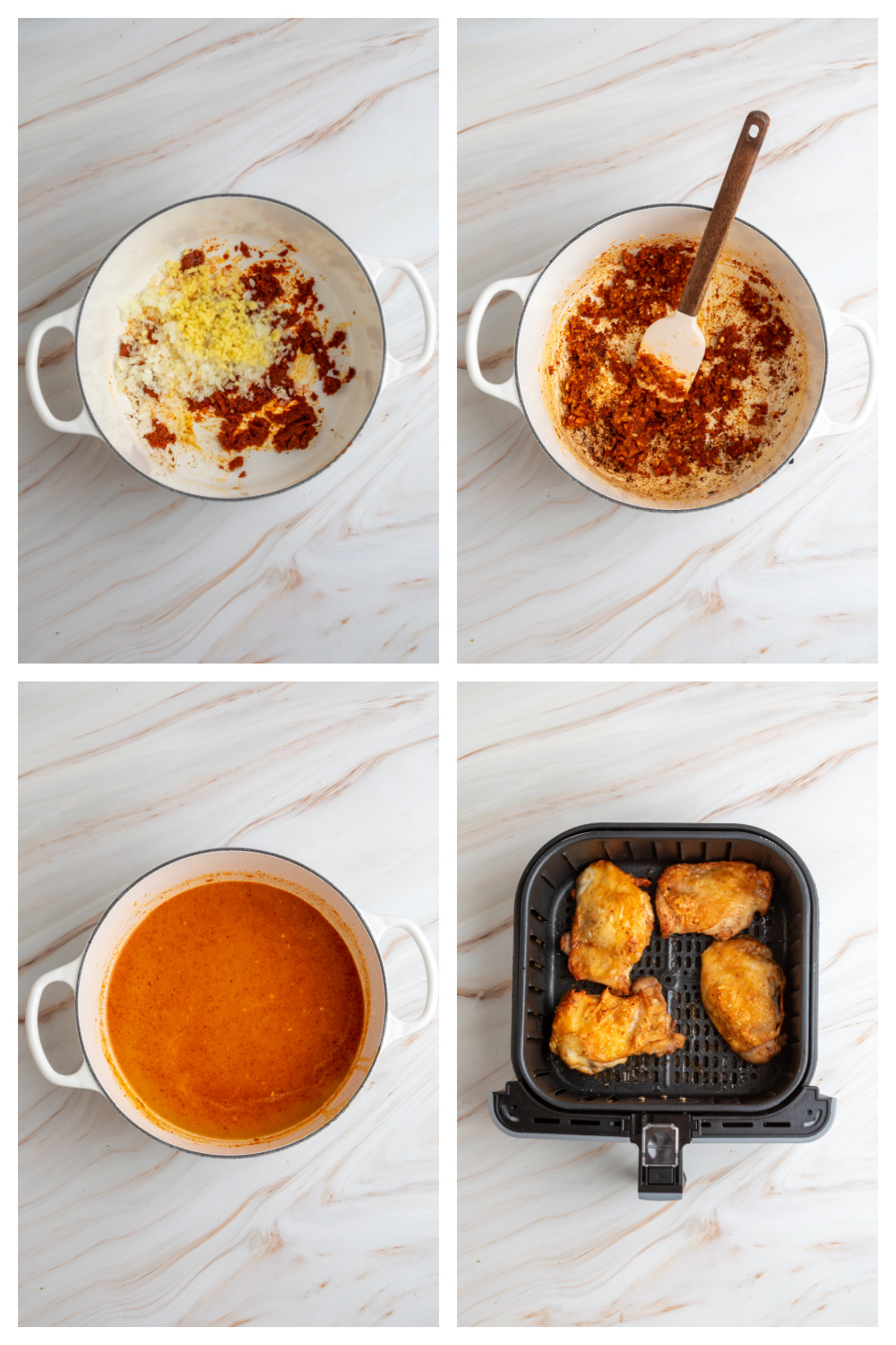 Step-by-step collage showing curry paste saut&eacute;ed with aromatics, coconut curry broth simmering, and crispy chicken thighs in the air fryer for Thai curry ramen
