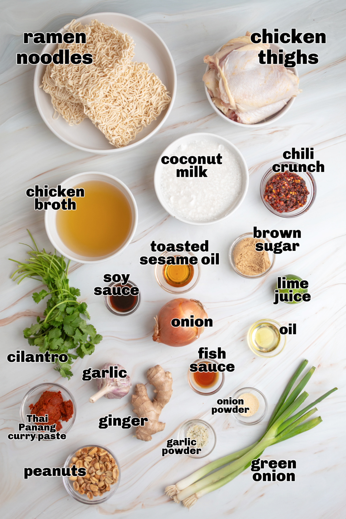Ingredients for Thai curry ramen including ramen noodles, chicken thighs, coconut milk, Panang curry paste, ginger, garlic, soy sauce, fish sauce, sesame oil, brown sugar, lime juice, and peanuts