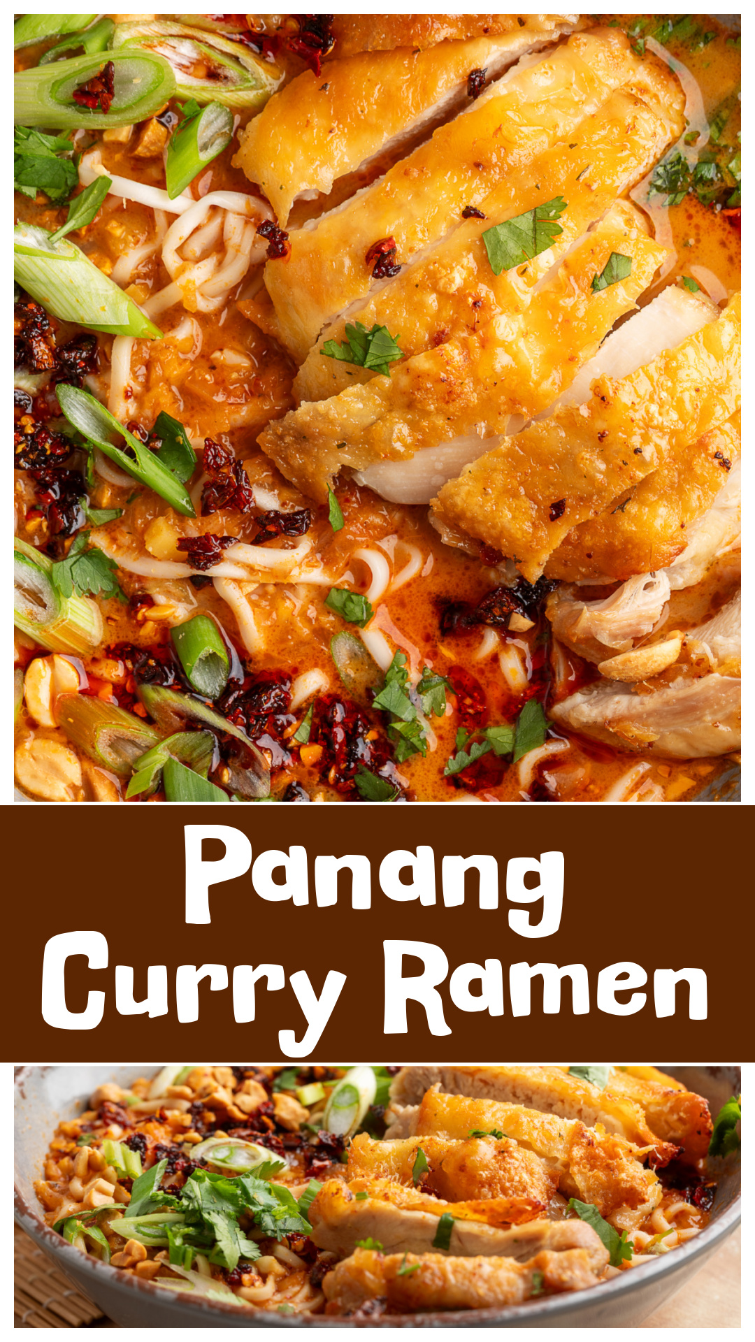 Panang curry ramen with crispy chicken and coconut milk broth made with Thai Panang curry paste, ginger, garlic, and lime. Blooming the curry paste first changes the flavor completely. Skin-on chicken thighs stay crisp, the noodles stay separate, and the broth holds real heat and richness. A bold homemade ramen bowl that tastes finished. via @cmpollak1