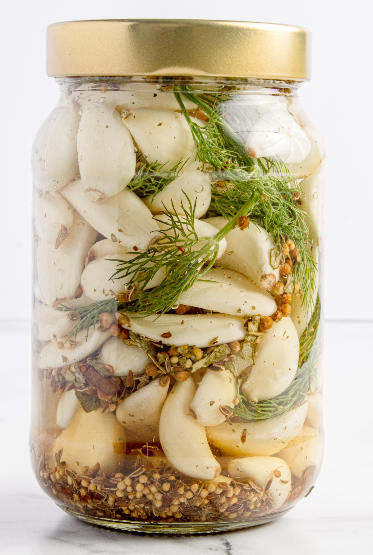 Jar of Pickled Dill Garlic with dill and spices in vinegar brine