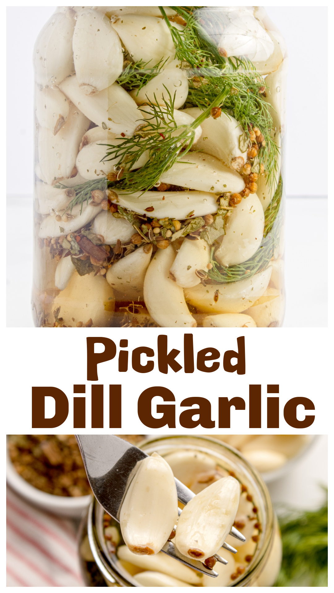 Pickled dill garlic made with whole cloves, fresh dill, and a 5% acidity vinegar brine. This easy refrigerator pickled garlic recipe turns sharp cloves into tangy, mellow bites in just a few days. No canning required. Perfect for charcuterie boards, salads, sandwiches, dressings, and roasted vegetables. Learn how to pickle garlic safely with this simple, small-batch method that keeps well in the refrigerator for up to three months. via @cmpollak1