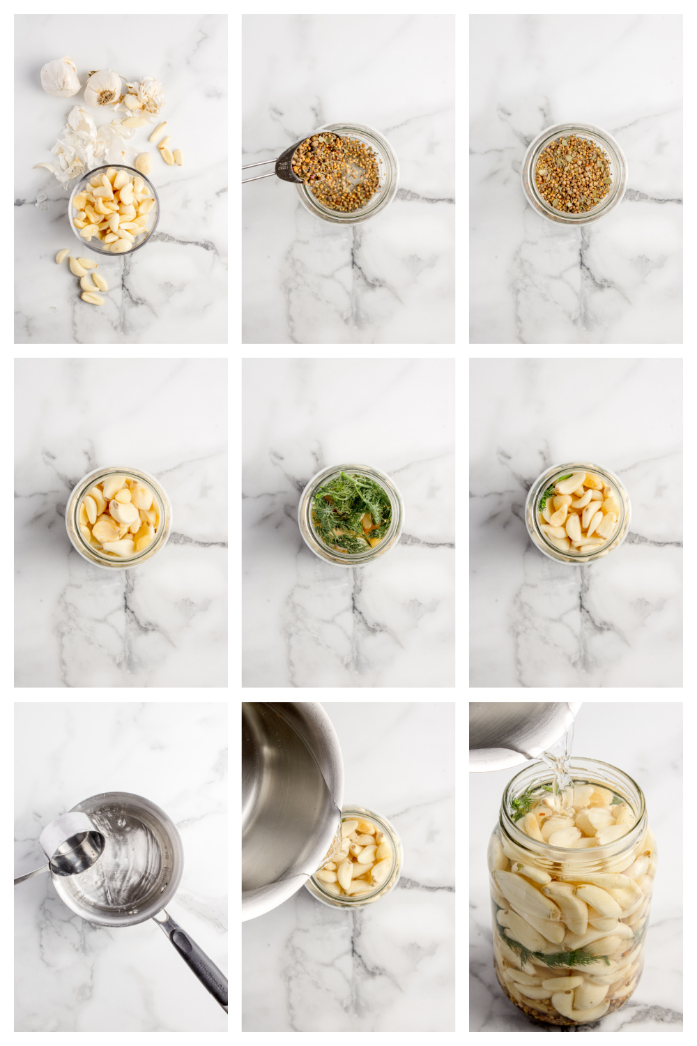 Step-by-step process of making refrigerator pickled garlic in a mason jar