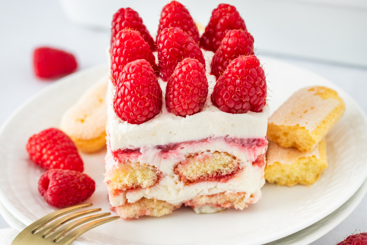 Finished raspberry tiramisu slice with mascarpone cream, raspberry layers, and ladyfingers