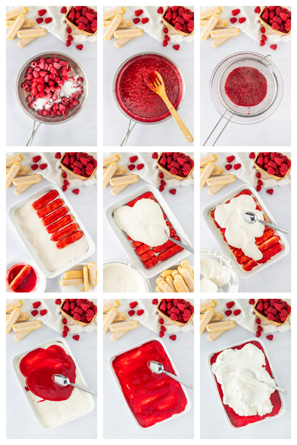 Step-by-step process showing raspberry syrup, dipping ladyfingers, and layering mascarpone cream and raspberry pur&eacute;e