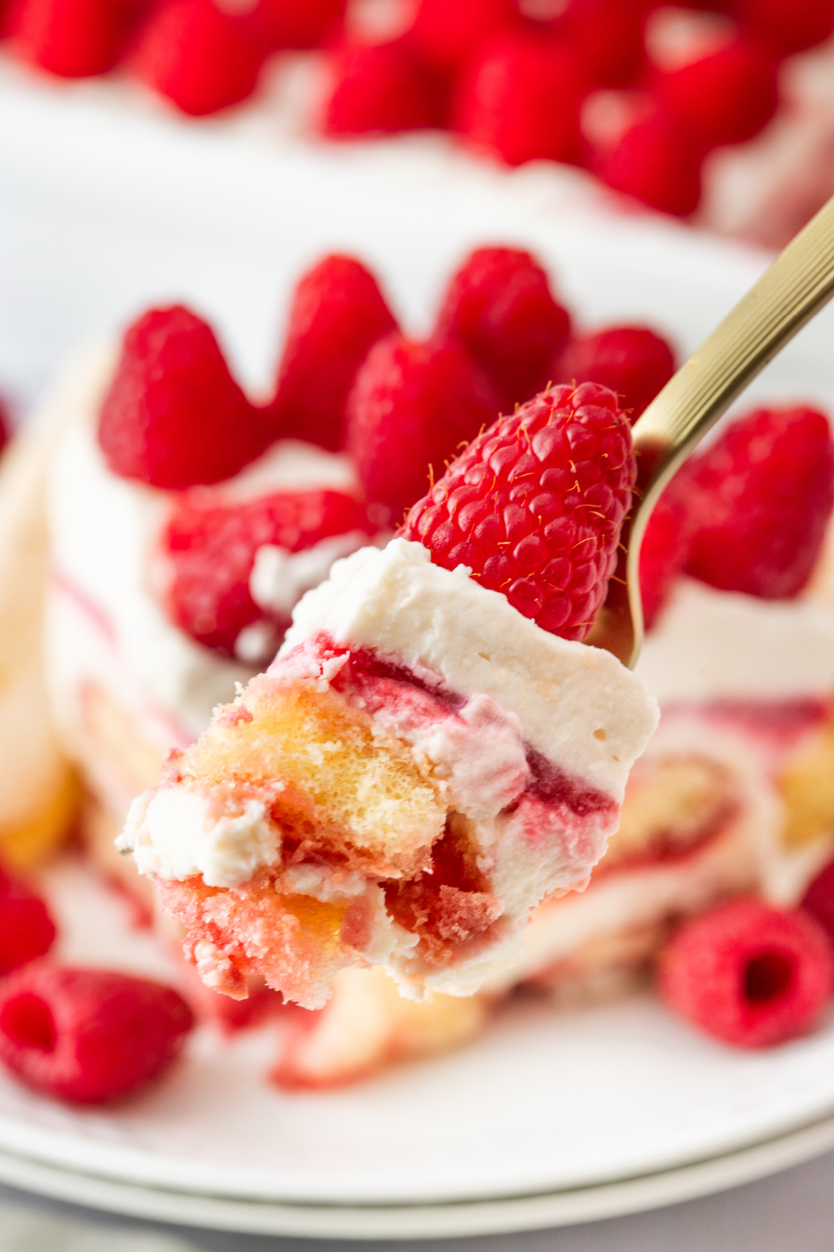 Forkful of layered berry tiramisu with mascarpone cream, raspberry filling, and soaked ladyfingers