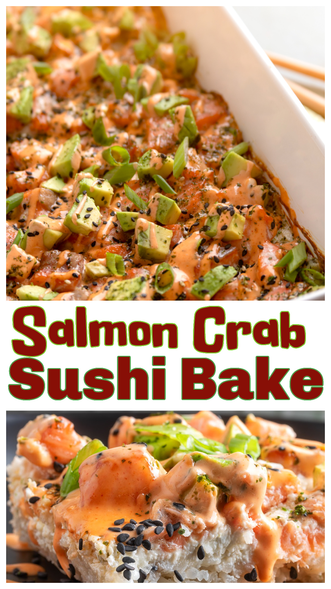 Salmon Crab Sushi Bake made with seasoned jasmine rice, pasteurized lump crab, baked salmon, and spicy mayo. This easy 9x13 sushi bake recipe slices clean and feeds a crowd. A baked sushi casserole with cream cheese, mirin-marinated salmon, and furikake, perfect for parties, potlucks, or make-ahead dinners. Serve warm, room temperature, or chilled with nori for scooping. via @cmpollak1