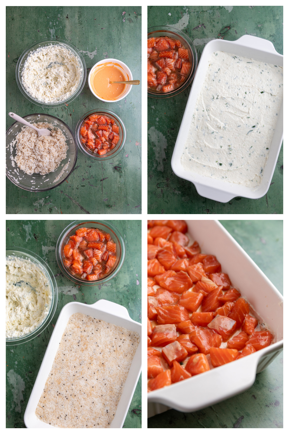 Layering rice, crab mixture, and marinated salmon in a 9x13 baking dish