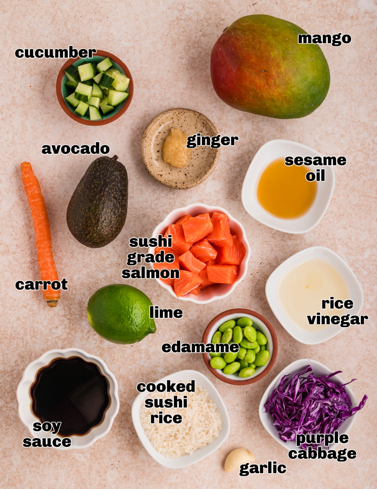 Ingredients for salmon poke bowls including sushi-grade salmon, mango, avocado, cucumber, edamame, soy sauce, and sushi rice