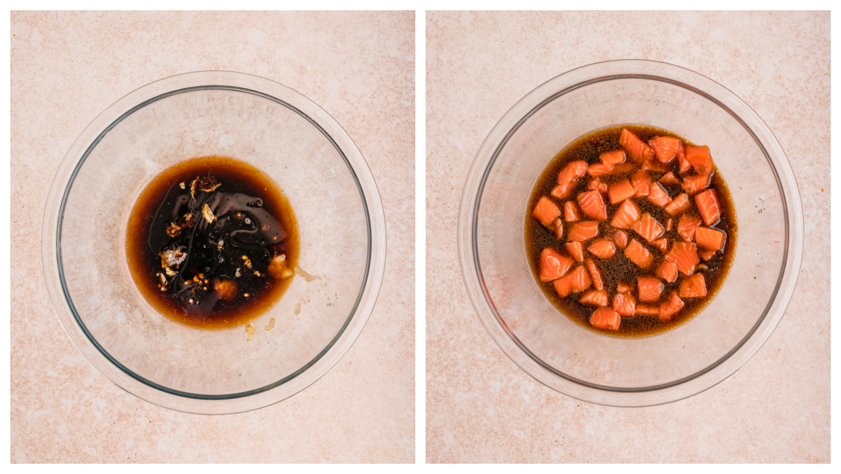Salmon poke bowls with marinated sushi-grade salmon soaking in soy sauce, sesame oil, and lime