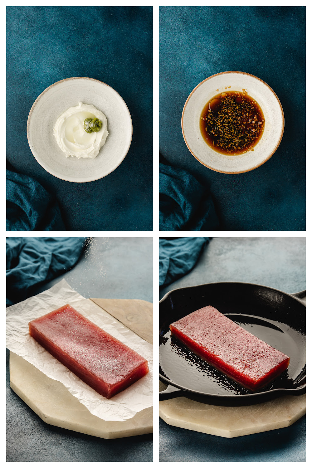 Seared ahi tuna process showing tuna in cast iron skillet, ginger soy sauce, and wasabi yogurt
