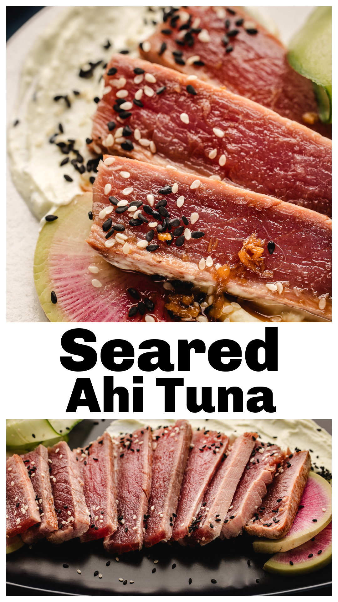 Seared ahi tuna cooked rare in a hot cast iron skillet with a caramelized exterior and cool pink center. Served with wasabi Greek yogurt, ginger soy drizzle, crisp cucumber ribbons, and watermelon radish. A precise ahi tuna steak recipe using sushi-grade yellowfin tuna. Learn how to sear ahi tuna perfectly in seconds without overcooking. via @cmpollak1
