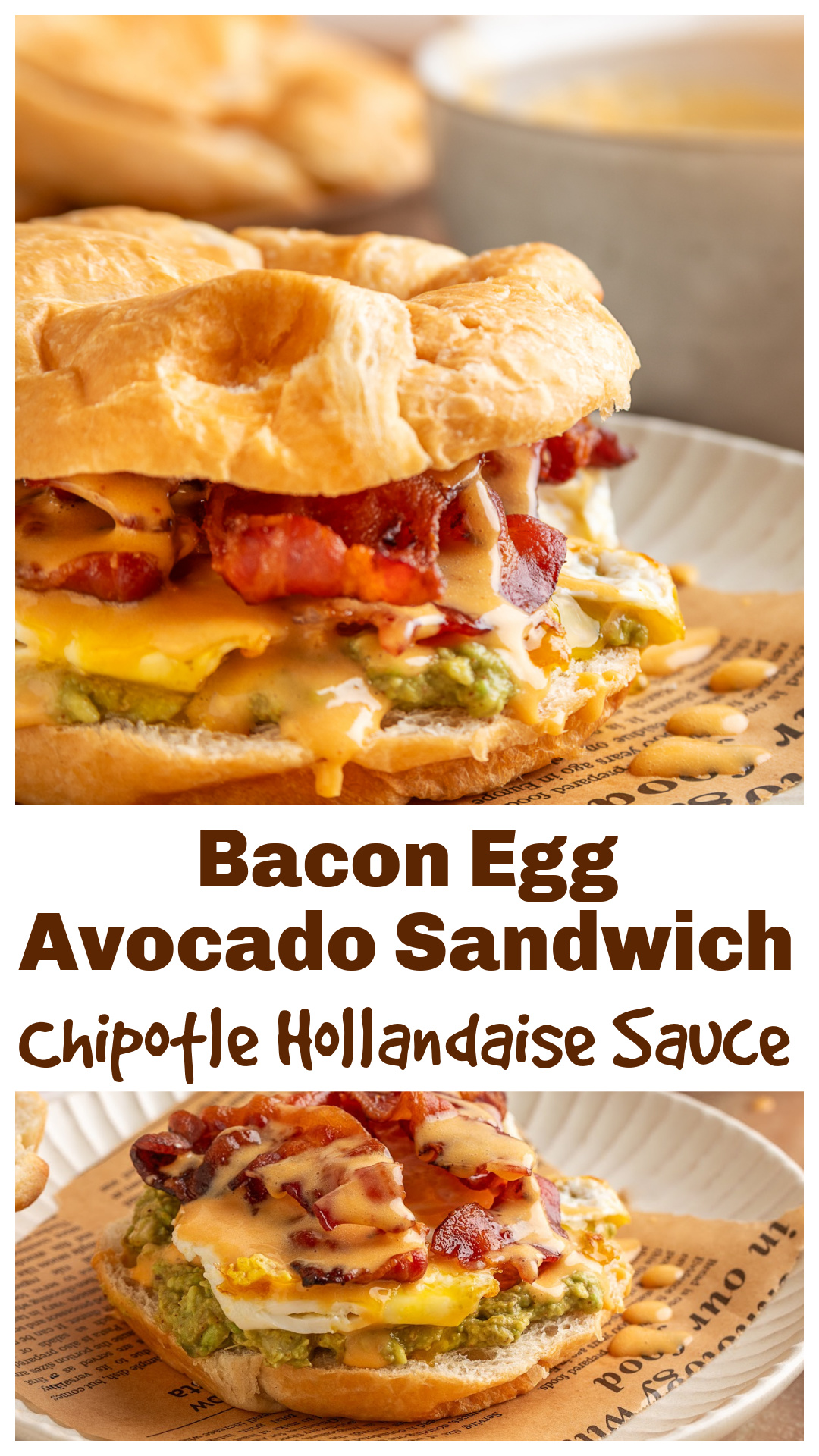 Bacon egg avocado breakfast sandwich layered on a flaky croissant with crispy bacon, a soft-set egg, mashed avocado, and warm lime chipotle hollandaise. This croissant breakfast sandwich is rich, balanced, and made for a real sit-down brunch. If you&rsquo;re looking for an elevated breakfast sandwich recipe with lots of flavor and a blender hollandaise, this one is it. via @cmpollak1