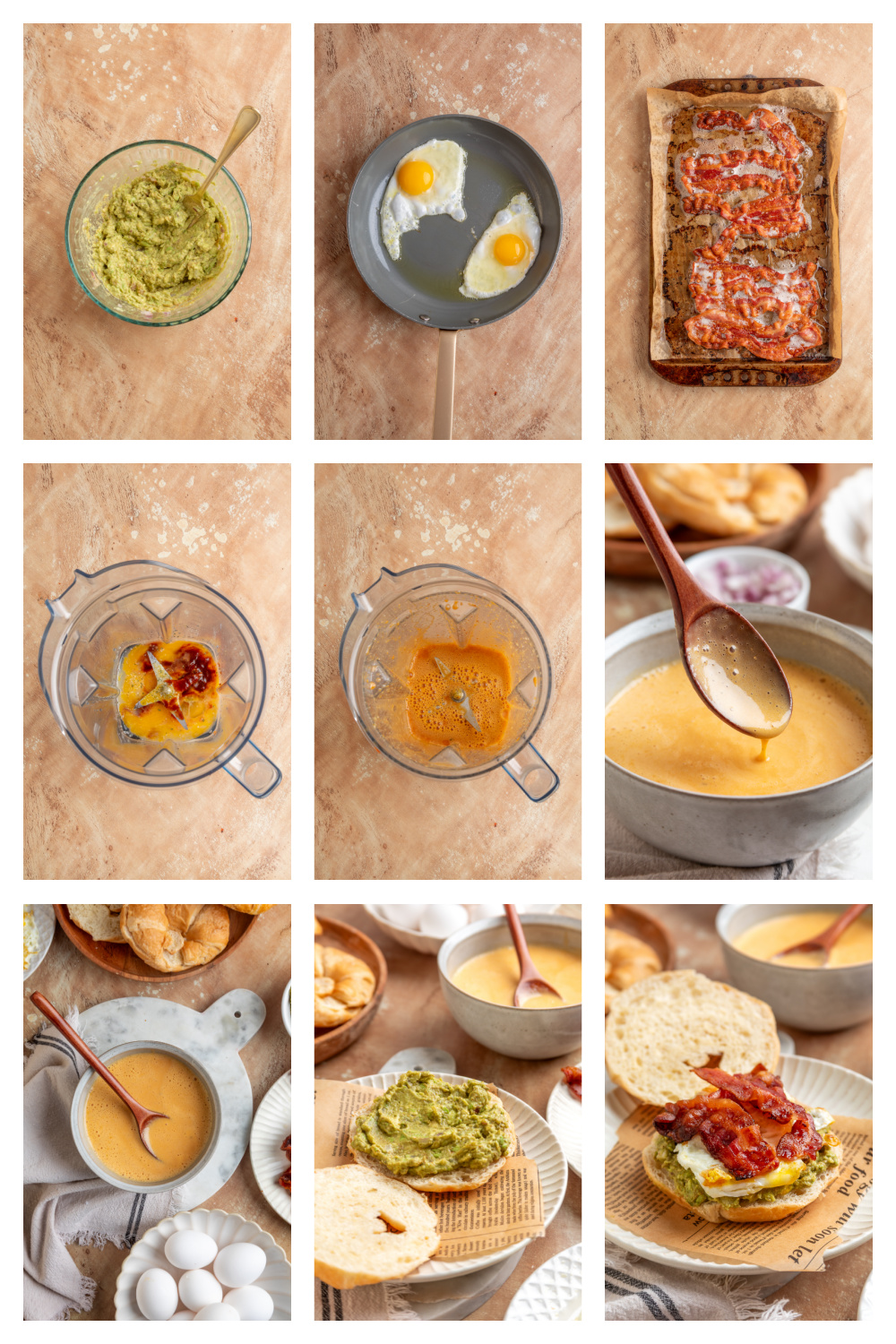 Step by step breakfast sandwich process showing mashed avocado, fried eggs, oven baked bacon, blender hollandaise and croissant assembly