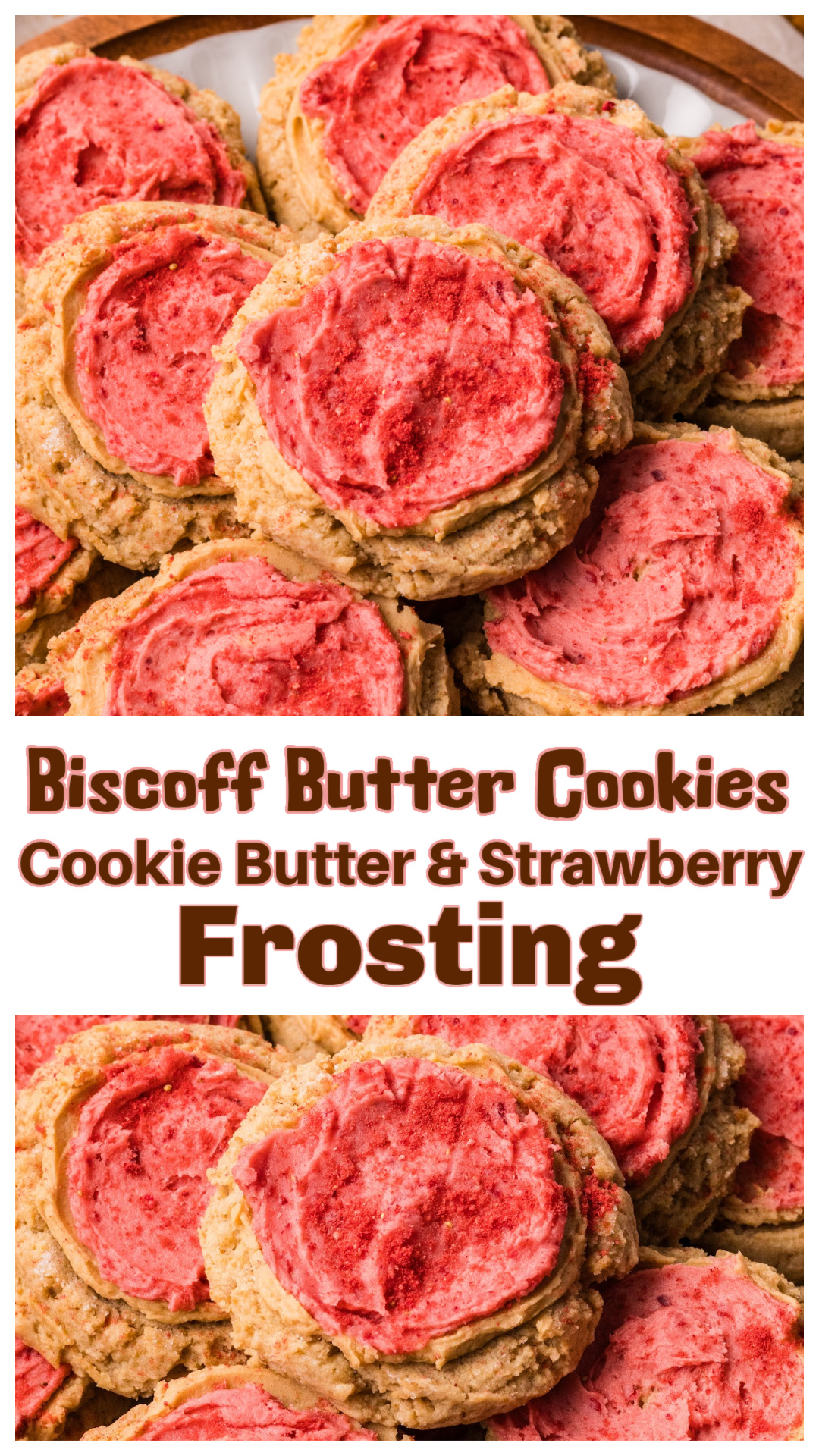 Soft center Biscoff butter cookies with two layers of frosting. These bakery-style cookies are thick, soft, and made with cookie butter and freeze-dried strawberries. No chill dough and egg-free, so they come together fast and hold their shape. Great for Easter desserts, baby showers, bridal showers, girls&rsquo; nights, holiday cookie trays, gender reveals and gifting. If you love Biscoff cookies or cookie butter desserts, this is one to save. via @cmpollak1