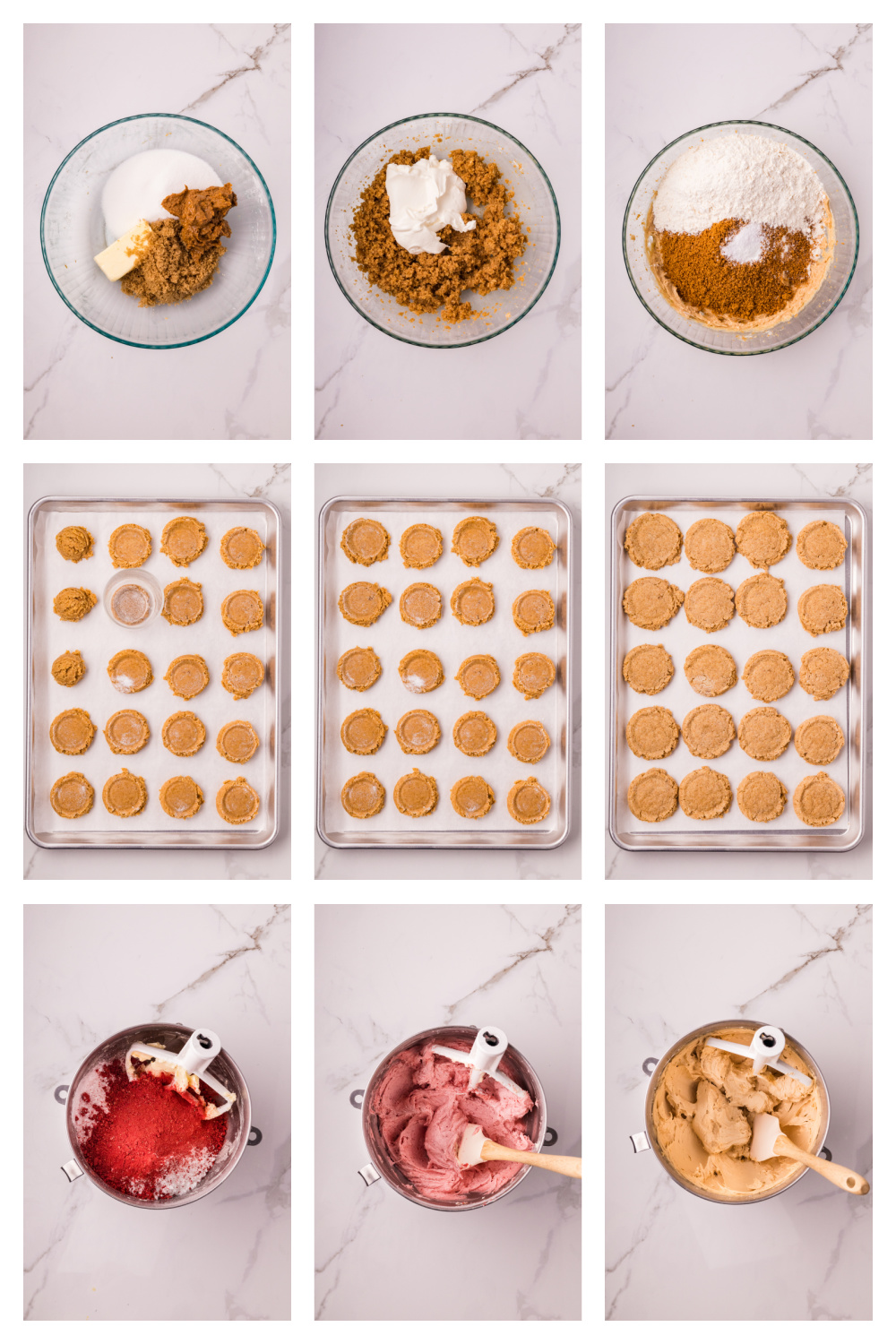 steps for making Biscoff butter cookies including mixing dough and shaping cookies