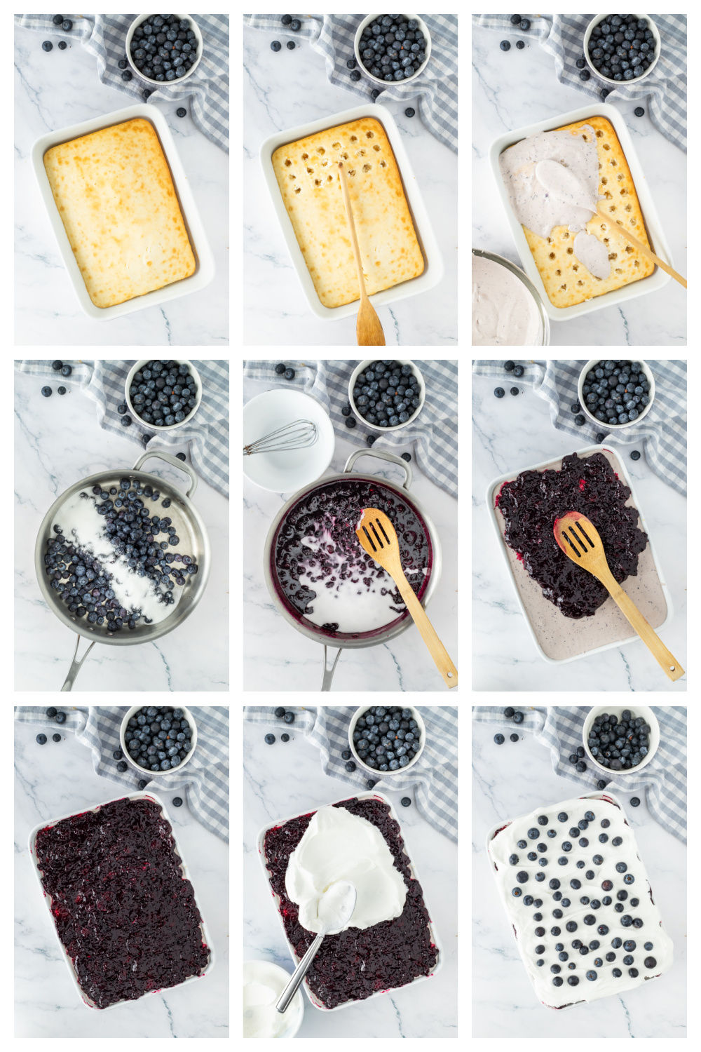 Process collage showing steps for making blueberry cheesecake poke cake including poking cake and adding filling