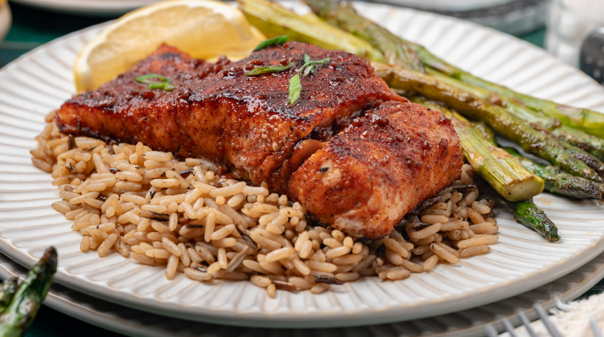 bourbon glazed salmon served with a glossy brown sugar bourbon glaze and crisp seared finish