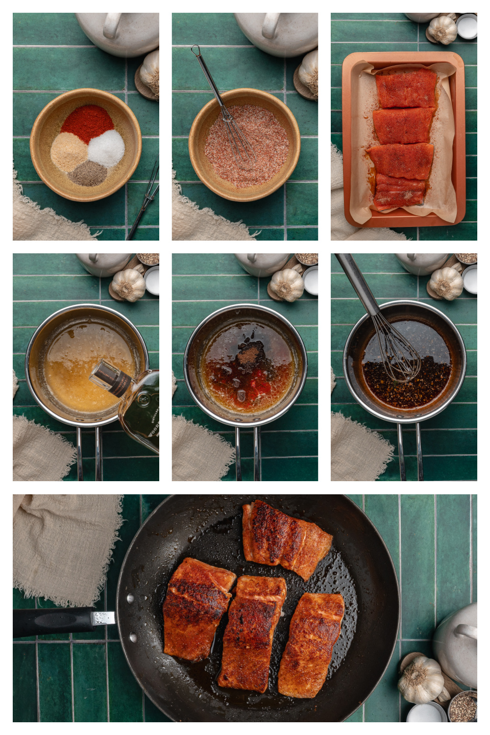 step by step process showing seasoning salmon, making bourbon glaze, and pan searing in skillet