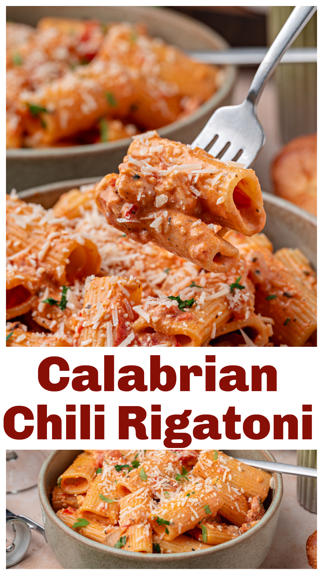 Calabrian chili rigatoni with tomato, cream, and Parmesan. The sauce is built with Calabrian chilis, fire-roasted tomatoes, garlic, and onion, then finished with cream and finely grated Parmesan. Rigatoni works well here because the ridges hold the sauce. A small splash of pasta water at the end helps bring everything together. via @cmpollak1