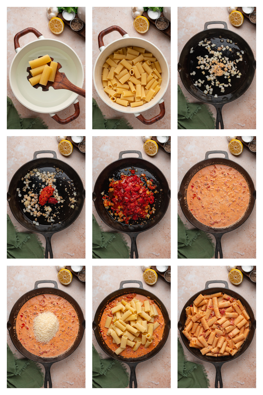 Step-by-step process showing how to make creamy Calabrian chili rigatoni from boiling pasta to finishing the tomato cream sauce