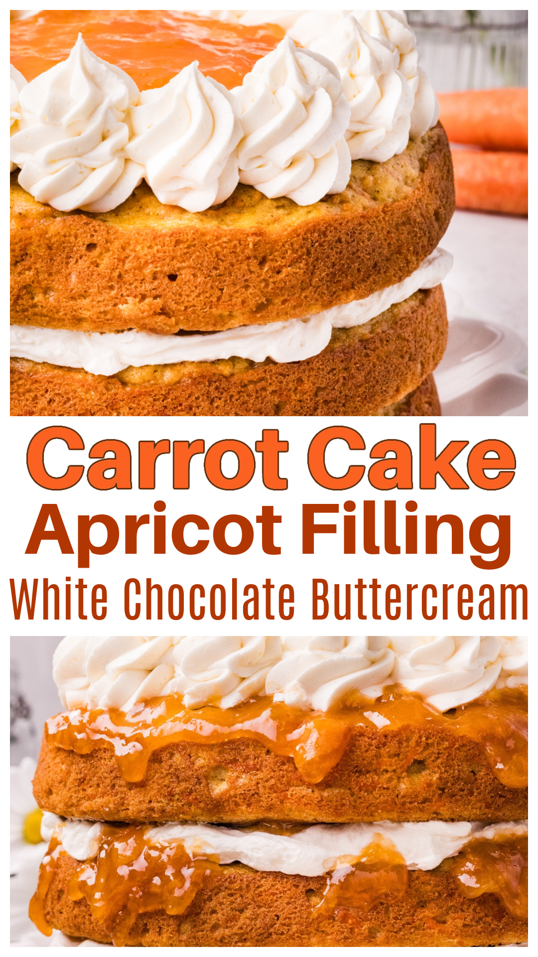 Carrot cake with apricot filling and white chocolate cream cheese buttercream. This carrot cake recipe is made from scratch with grated carrots and sour cream, then layered with apricot preserves between each cake. The buttercream pipes easily and spreads smoothly without being overly sweet. A carrot layer cake with even texture and defined layers from top to bottom. via @cmpollak1