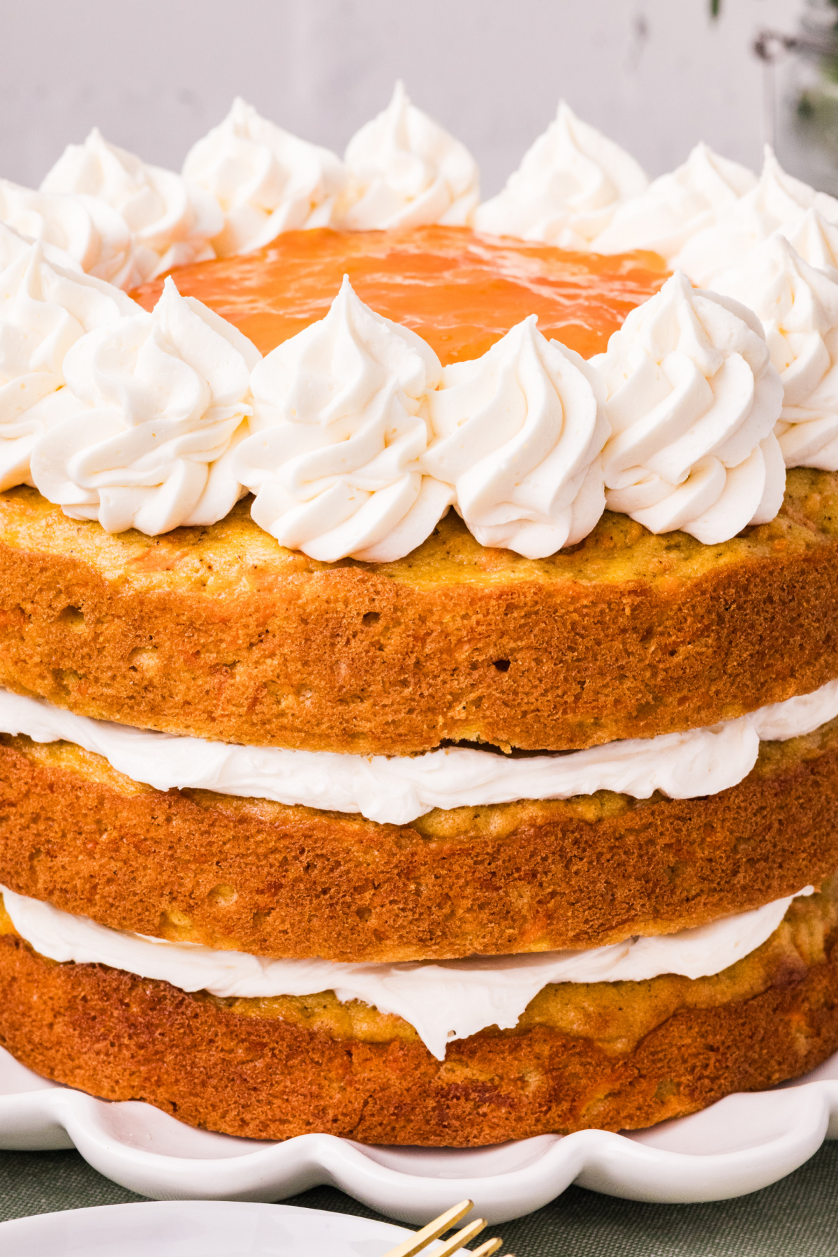 Carrot Cake with Apricot Filling and White Chocolate Cream Cheese Frosting showing thick layers and piped frosting