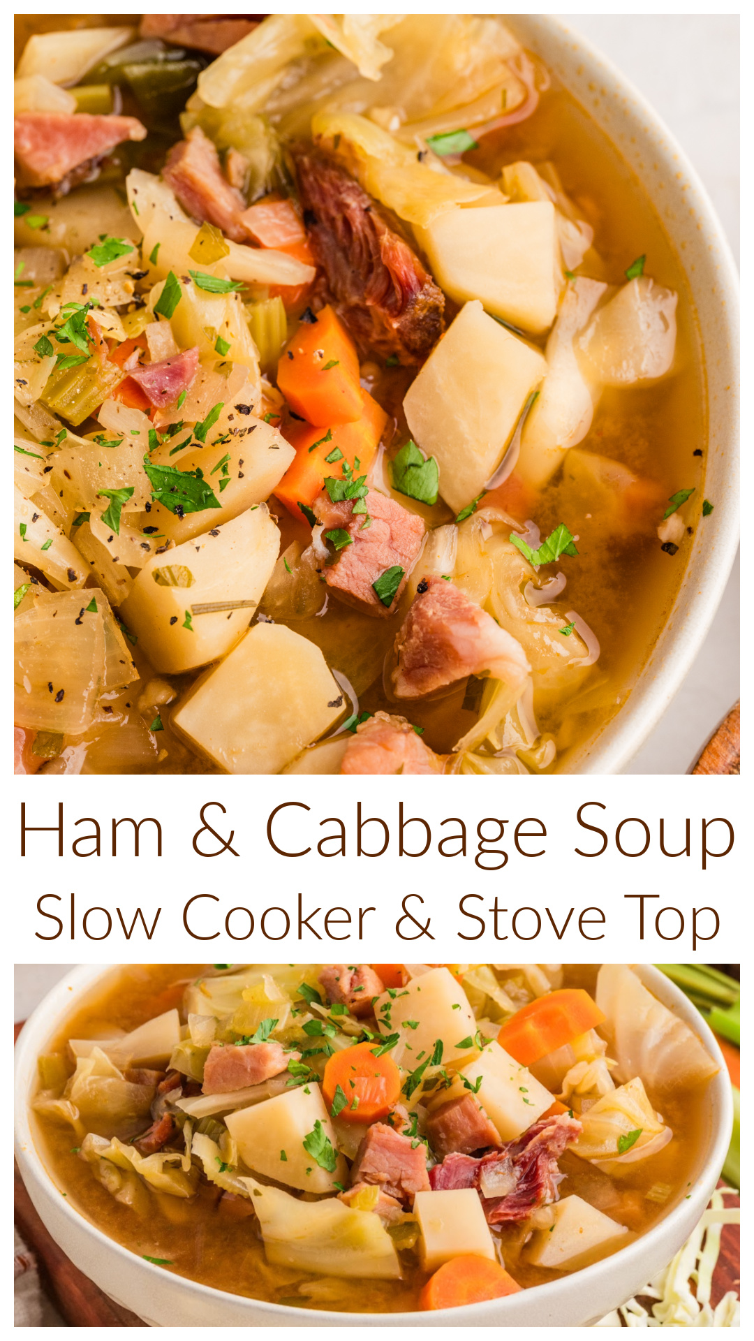 Ham and cabbage soup with potatoes, cabbage, carrots, and ham in a brothy, vegetable-heavy pot. Made in the slow cooker or on the stove, this is a simple cabbage soup that cooks down into tender vegetables, soft potatoes, and a savory broth from the ham. A good way to use leftover ham or make it from scratch when you want a full pot that lasts for a few days. Not thick or creamy, just a brothy soup with soft vegetables that get even better the next day. via @cmpollak1