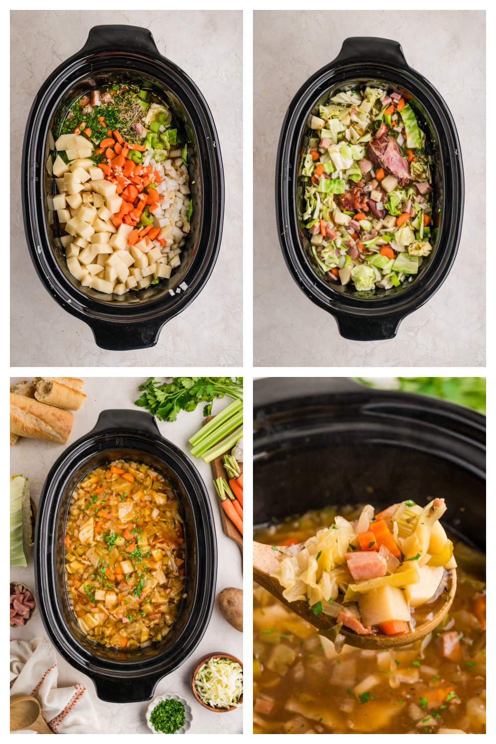 Steps to make ham cabbage soup with chopped vegetables and simmering broth