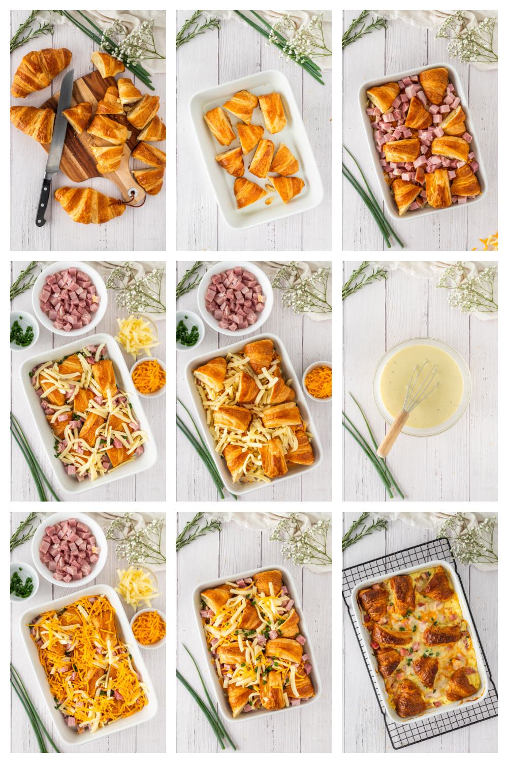 step-by-step process for making ham and cheese croissant breakfast bake including cutting croissants, layering ham and cheese, whisking egg custard, and baking