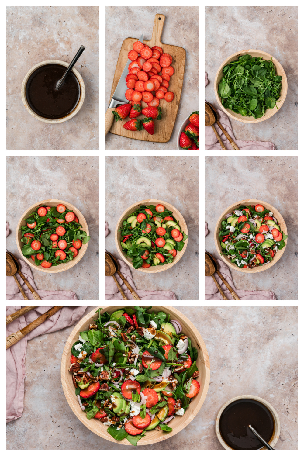 Steps for making strawberry goat cheese salad including slicing strawberries, whisking balsamic vinaigrette, and assembling greens with avocado and pecans