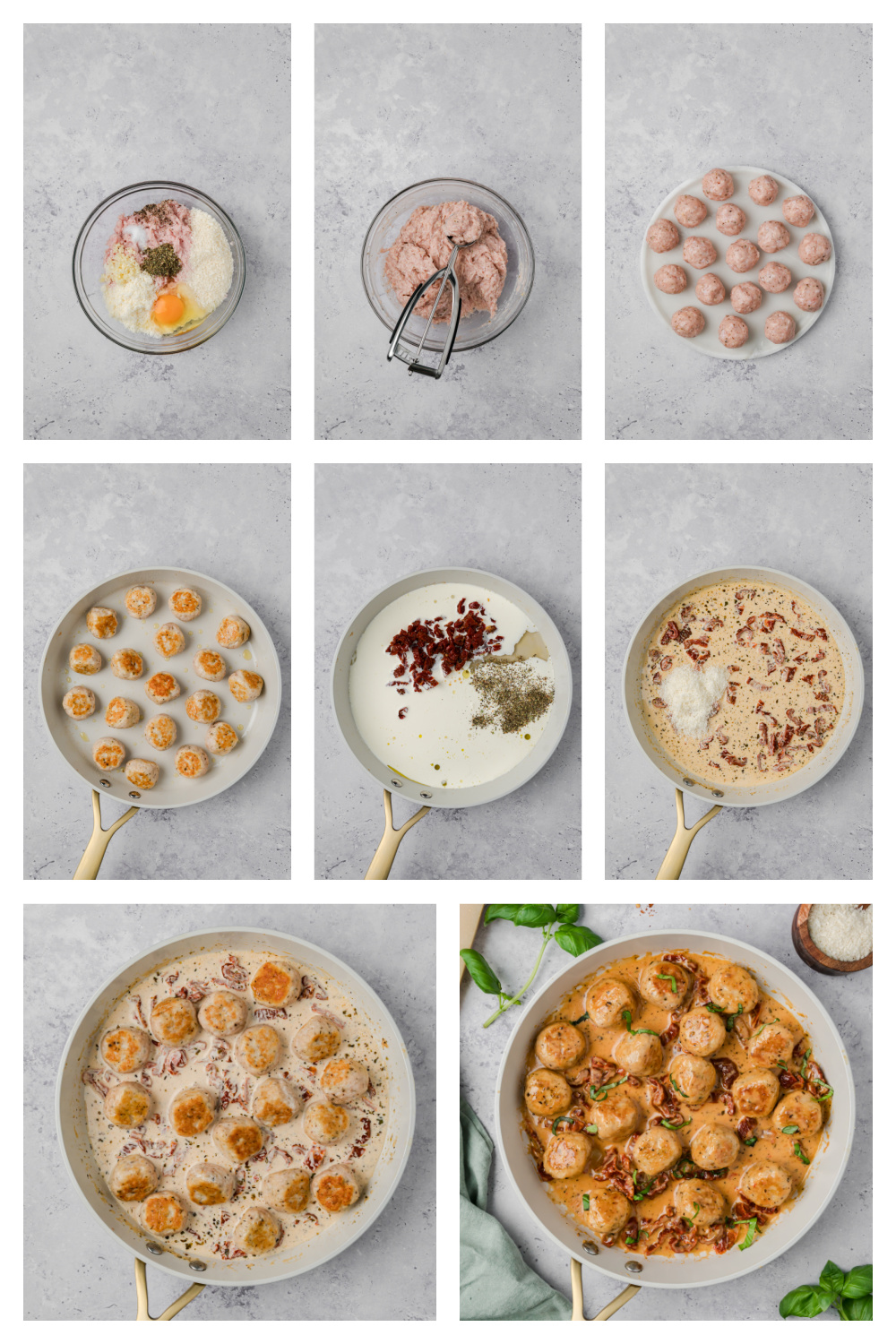Step-by-step process for making marry me chicken meatballs, from mixing ingredients to simmering in creamy sun-dried tomato sauce