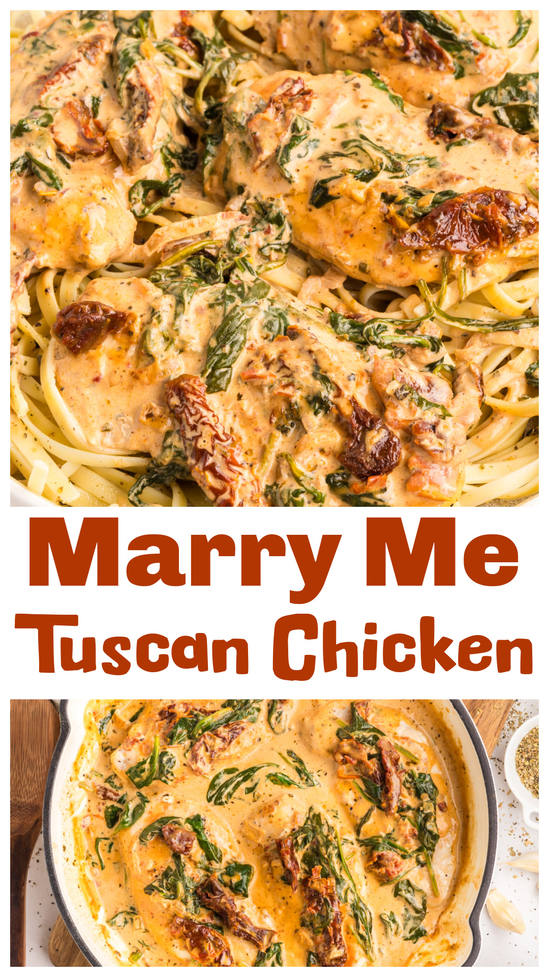 Marry Me Tuscan Chicken is a creamy skillet chicken recipe made with sun-dried tomatoes, spinach, garlic, parmesan cheese, and heavy cream. This one-pan chicken dinner is ready in about 30 minutes and works perfectly served over pasta, rice, or mashed potatoes. If you&rsquo;re looking for an easy creamy chicken recipe with bold flavor and a rich sauce that actually thickens, this Tuscan chicken is a reliable go-to. via @cmpollak1