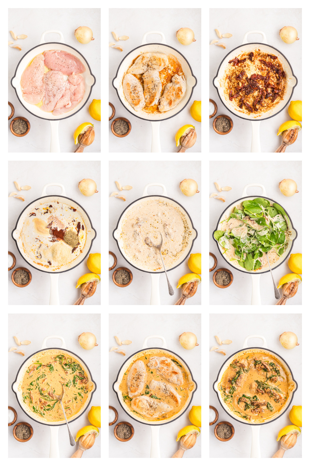 Marry Me Tuscan Chicken step by step showing seared chicken, creamy sauce, and spinach added to skillet