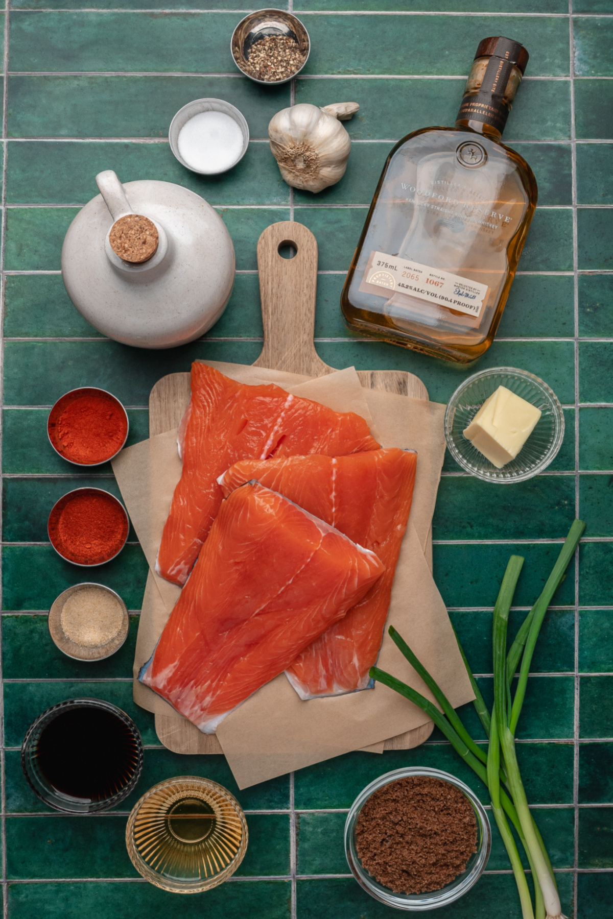 fresh salmon fillets with bourbon, brown sugar, soy sauce, garlic, and spices for glaze
