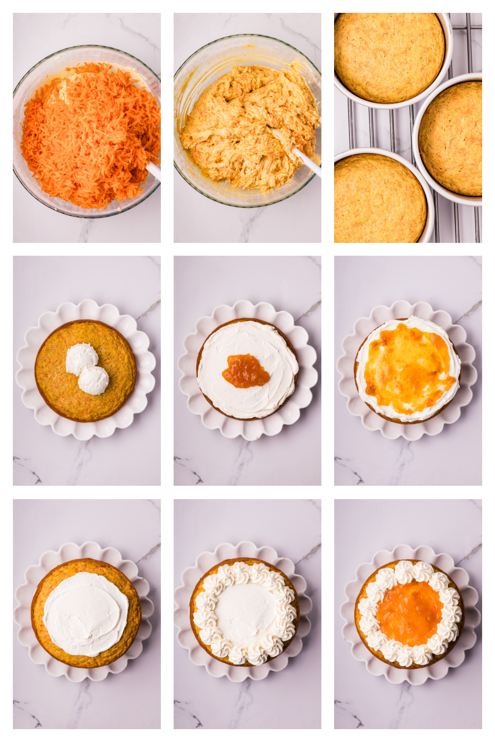 Step-by-step collage showing how to make carrot cake with apricot filling and white chocolate cream cheese frosting