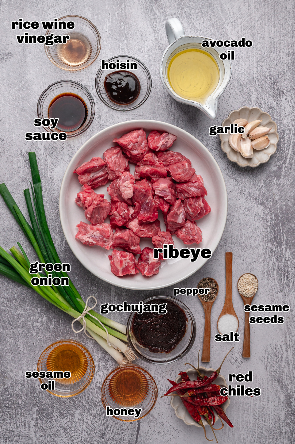 ingredients for gochujang steak recipe including ribeye soy sauce hoisin garlic sesame oil and green onions