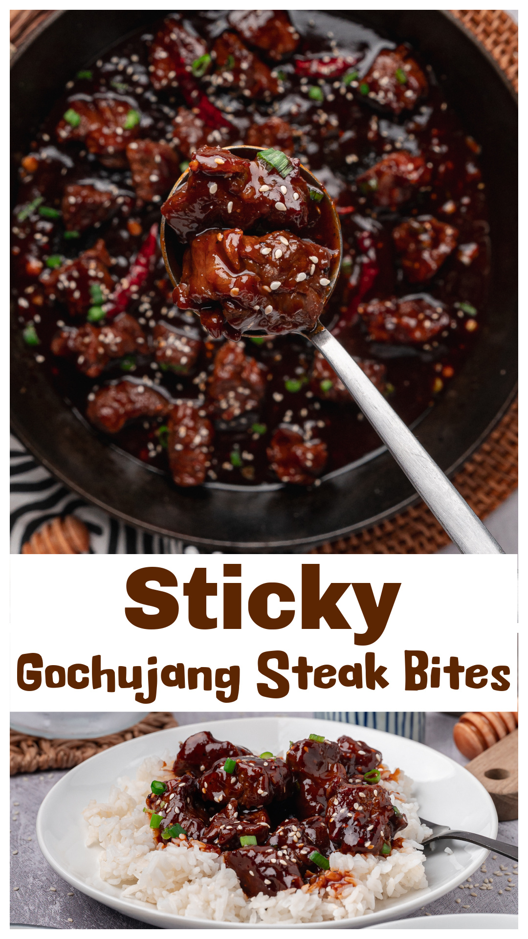 Sticky gochujang steak bites seared in a hot skillet and coated in a sweet spicy Korean chili sauce. This quick steak dinner uses tender pieces of ribeye or sirloin tossed with garlic, soy sauce, honey, and sesame oil. The sauce thickens in the pan and coats the beef so every bite is packed with flavor. Serve the steak bites over rice with green onions and sesame seeds for an easy weeknight dinner. via @cmpollak1
