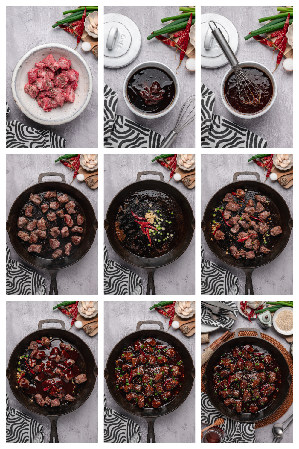 step by step cooking process for searing steak and making gochujang sauce in a skillet