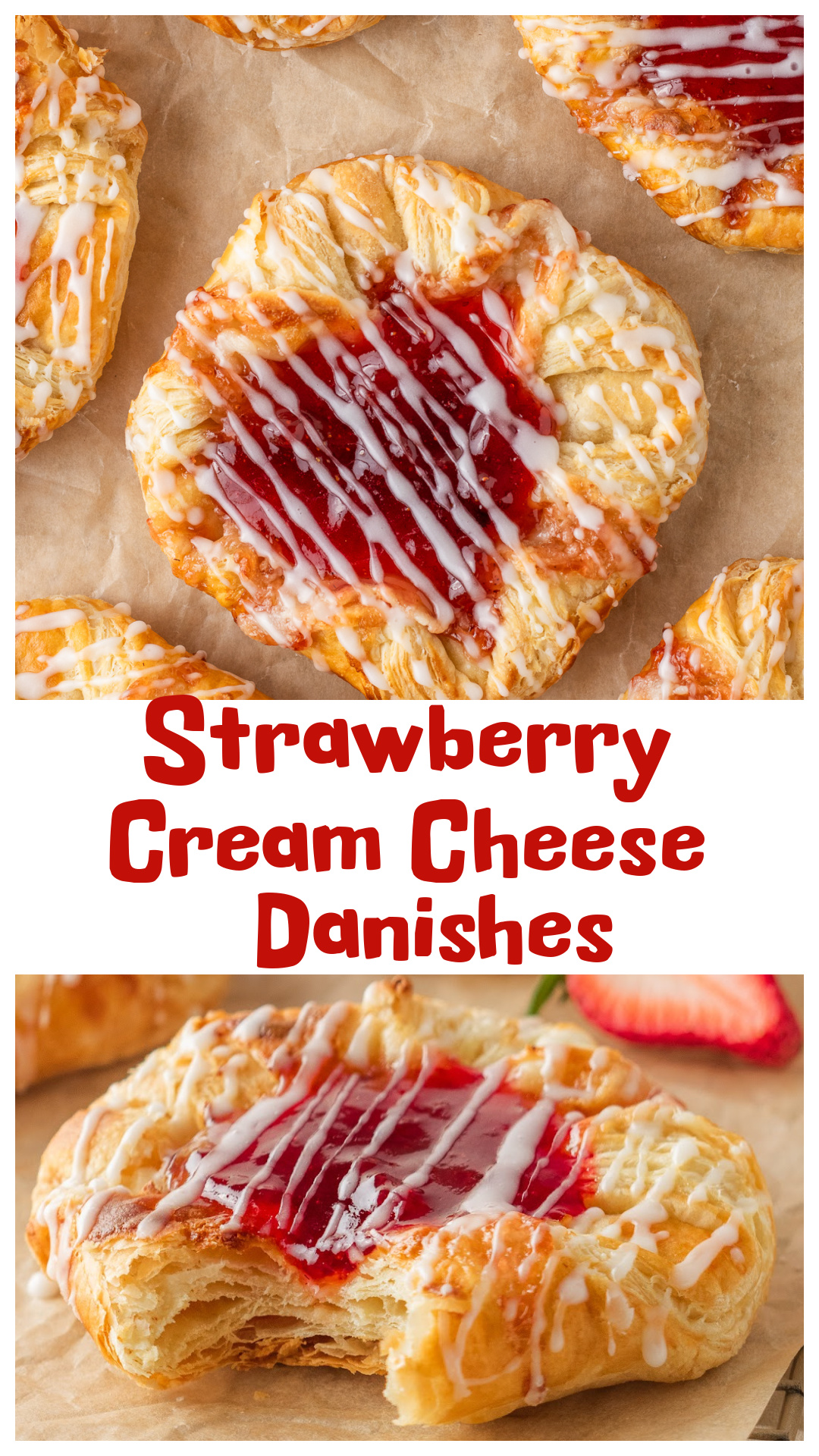 Strawberry cream cheese danishes made with puff pastry for flaky layers without making dough from scratch. This easy strawberry danish recipe uses cream cheese filling and strawberry jam for a classic bakery-style pastry at home. Perfect for breakfast, brunch, or a quick dessert, these puff pastry danishes bake up golden with crisp edges and a soft center, then get finished with a simple glaze. via @cmpollak1