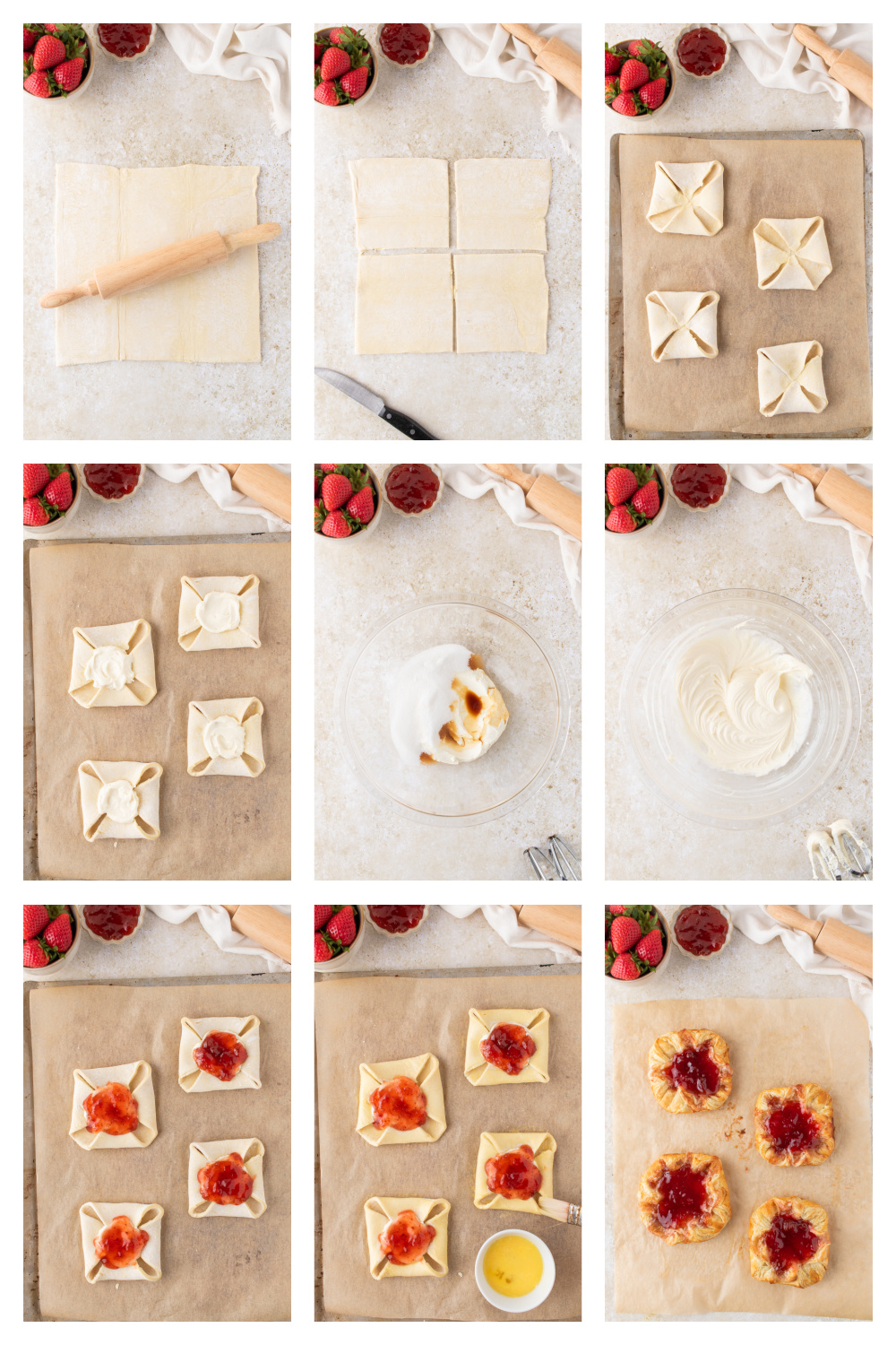 process of making strawberry danish with puff pastry, cream cheese filling, and jam assembly steps