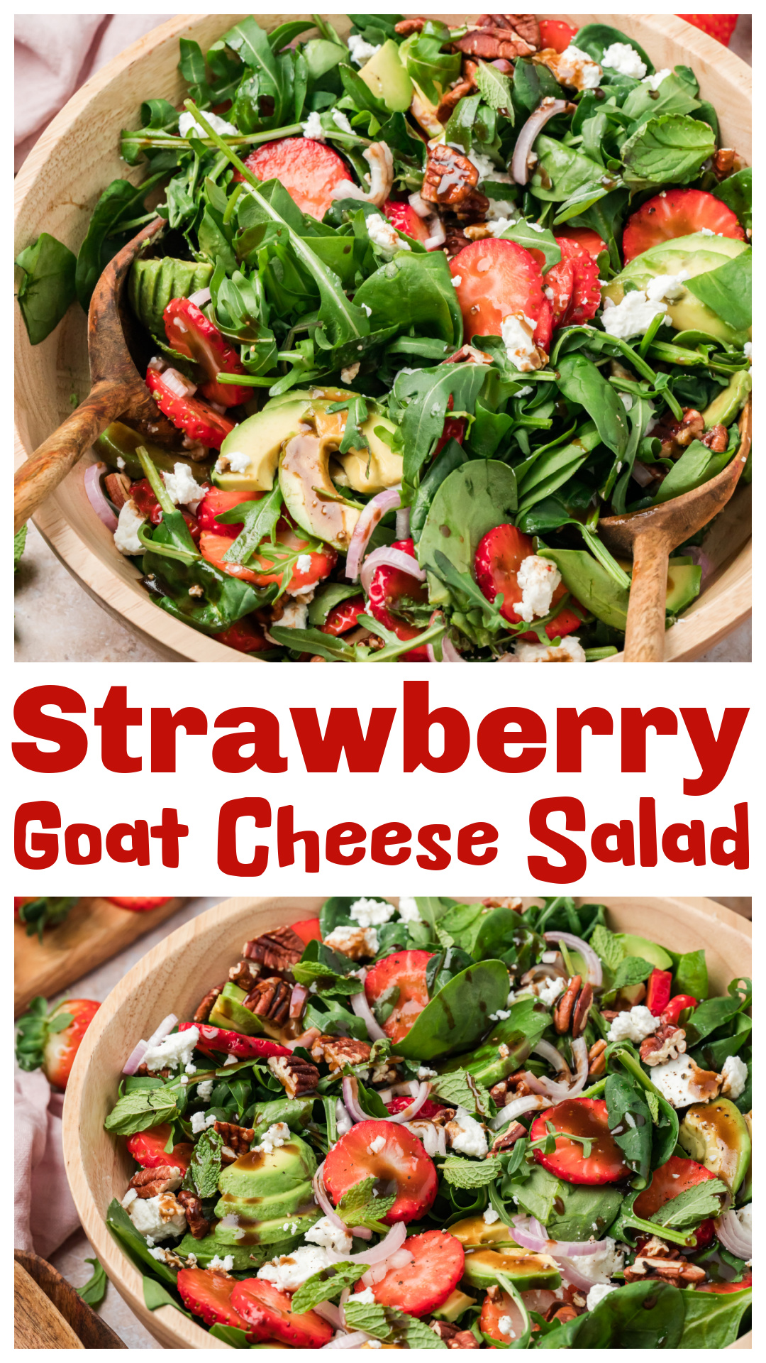 Strawberry goat cheese salad with spinach, arugula, avocado, and toasted pecans with a maple Dijon balsamic vinaigrette. Strawberry spinach goat cheese salad with mixed greens, fresh strawberries, and pecans. Also works as a strawberry arugula goat cheese salad. Easy spring and summer salad recipe. Serve as a side or add chicken or salmon for a full meal. Great for lunch, dinner, or entertaining. via @cmpollak1