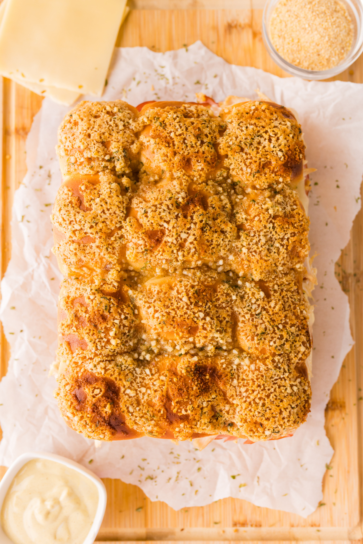 Baked chicken cordon bleu sliders with golden crispy panko topping on Hawaiian rolls