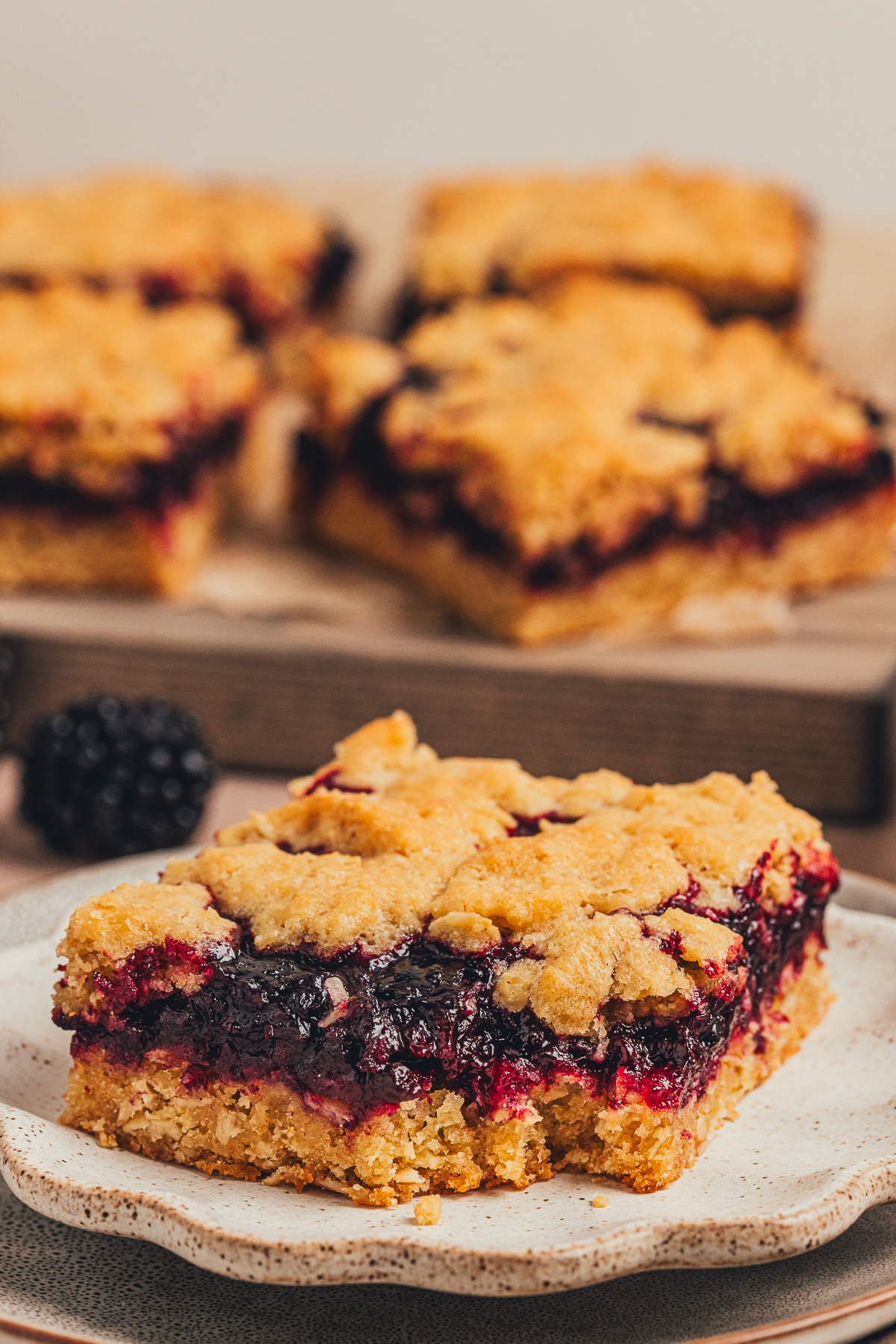 blackberry oat crumble bar close up showing thick blackberry filling and golden crumble topping