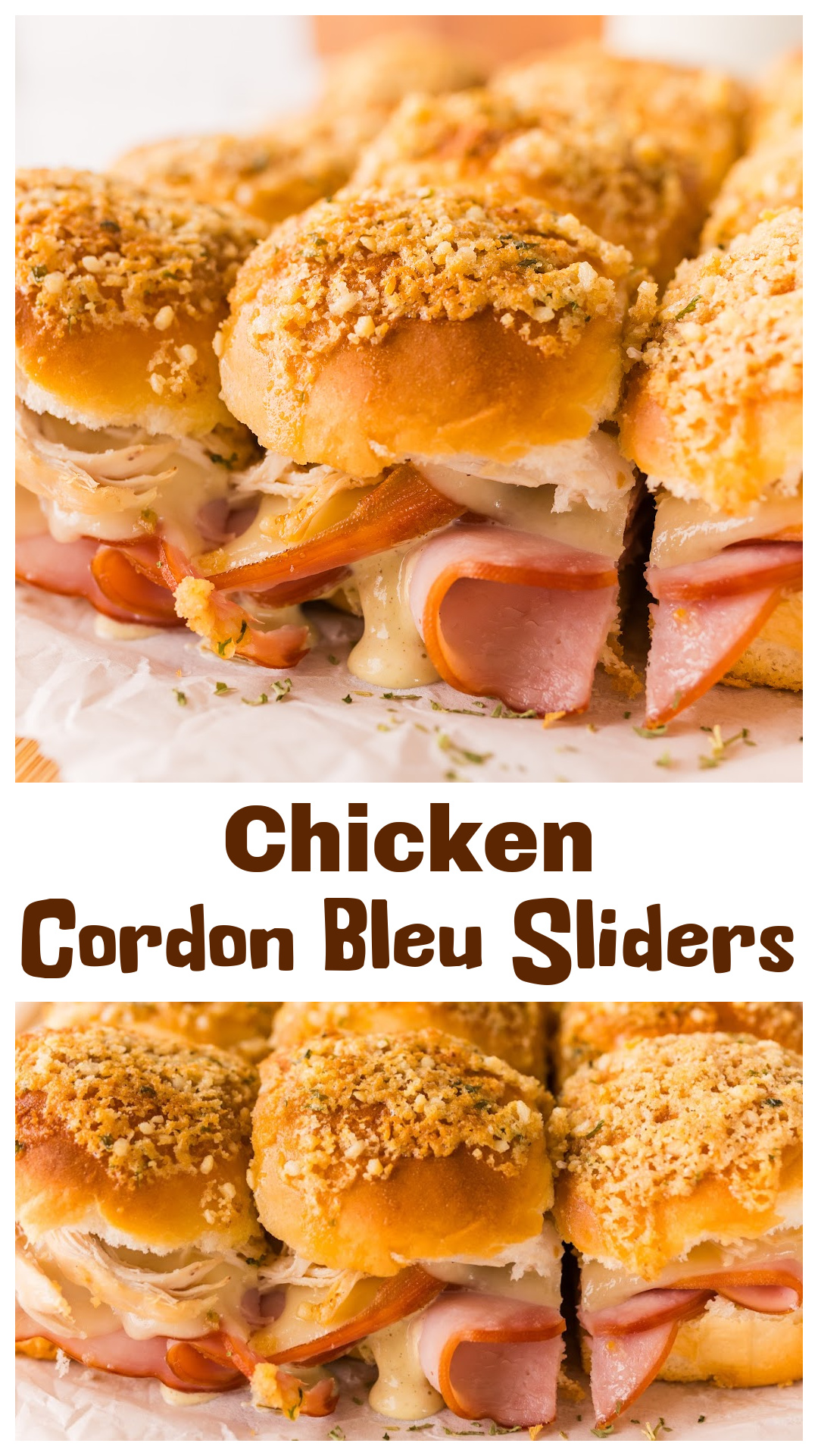 Chicken cordon bleu sliders made with ham, Swiss cheese, and rotisserie chicken layered into soft Hawaiian rolls and baked until golden. Finished with a crispy garlic panko topping that adds texture you don&rsquo;t usually get with sliders. This easy baked version skips the rolling and breading but keeps the classic flavors intact. Great for dinner, game day, or feeding a group without extra steps. via @cmpollak1