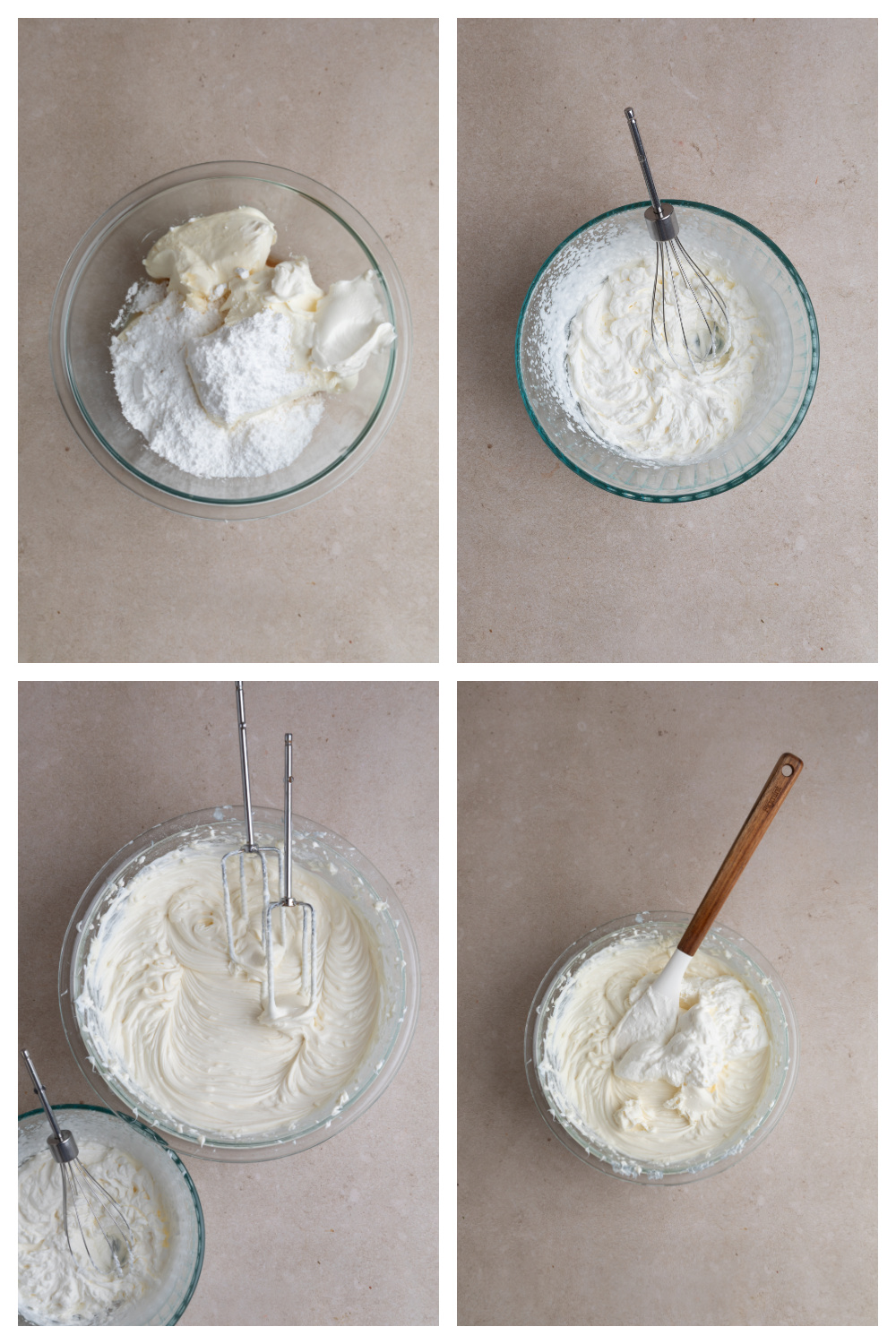 steps showing cookie dough crust baked and pressed, cheesecake filling mixed, and filling added to crust