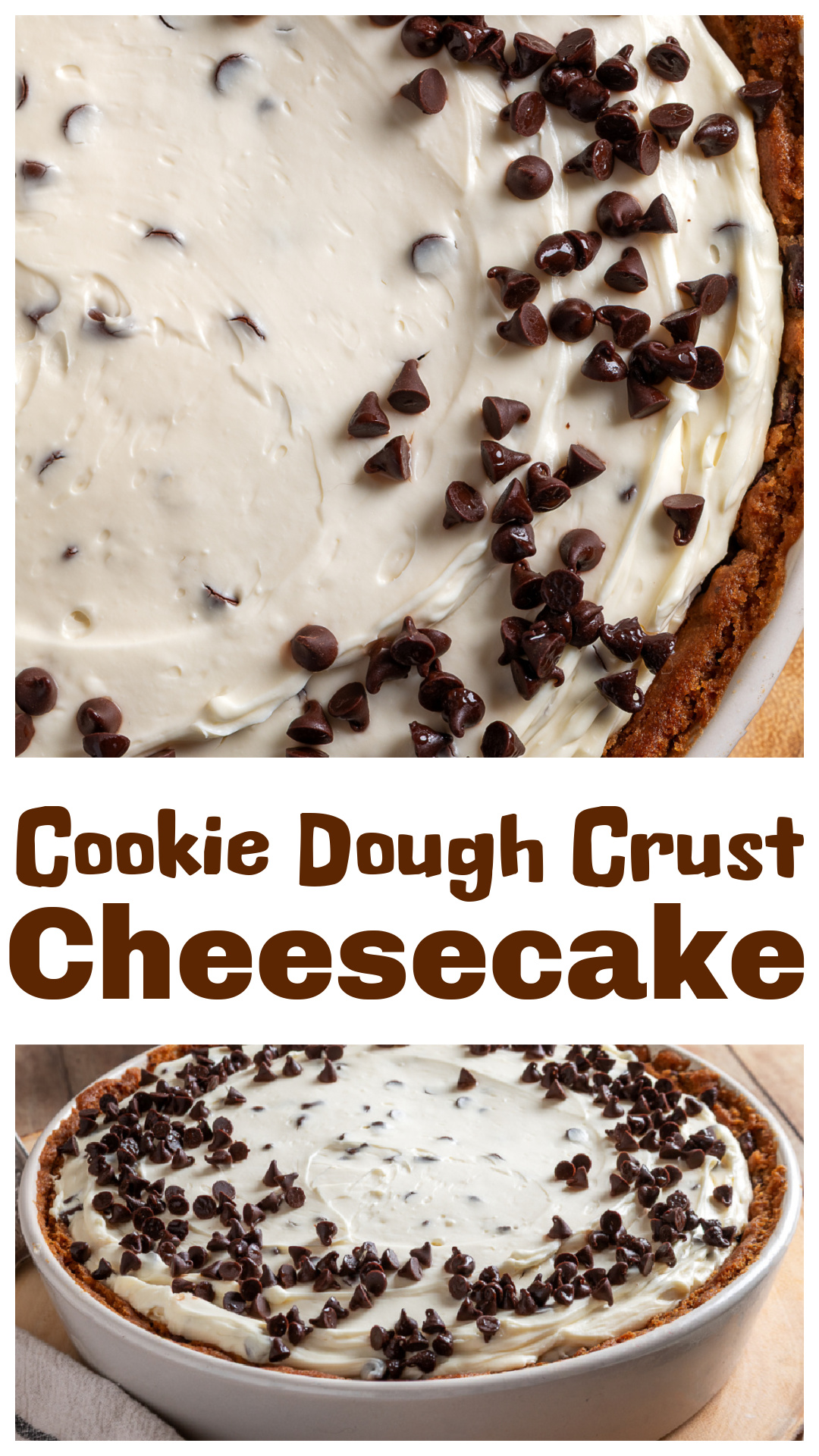 Chocolate chip cookie dough crust cheesecake with a baked cookie base and creamy no-bake filling that chills until firm. This cheesecake recipe uses a pressed and baked cookie dough crust instead of a graham base, then layers in a smooth cream cheese filling with whipped cream for a lighter texture. Finished with mini chocolate chips and chilled until set, it&rsquo;s a different take on classic no-bake cheesecake. via @cmpollak1